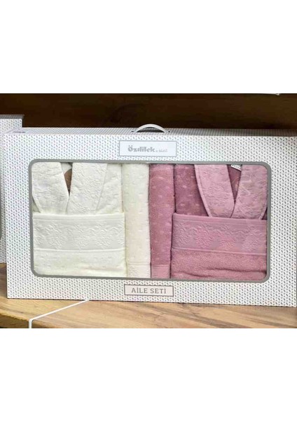 6 Parça Aile Bornoz Seti Heritag Krem-Pembe