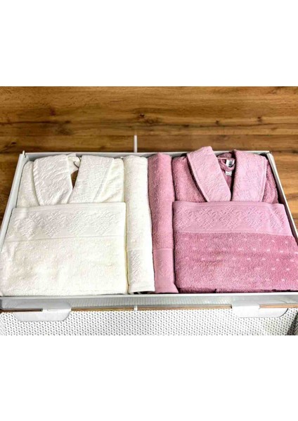6 Parça Aile Bornoz Seti Heritag Krem-Pembe