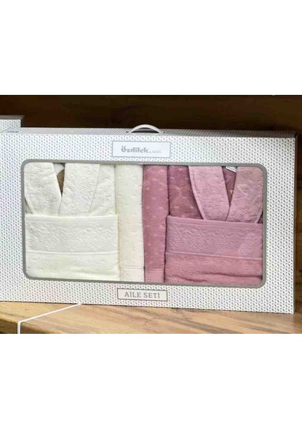 6 Parça Aile Bornoz Seti Heritag Krem-Pembe