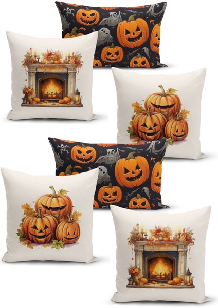 Sonbahar Serisi Çift Tarafı Dijital Baskılı 6'lı Kırlent Kılıfı Seti (Halloween Autumn)