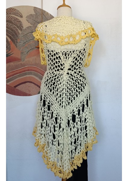 Hippybutik Sarı Koton Ip Tığ Dokuma El Örgüsü Dantel Asimetrik Şal Yaka Tasarım Yelek