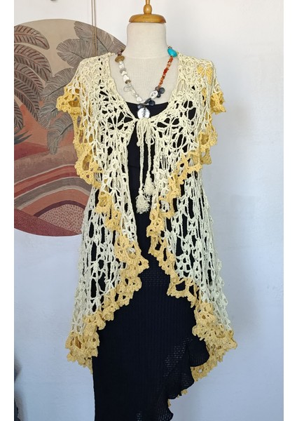 Hippybutik Sarı Koton Ip Tığ Dokuma El Örgüsü Dantel Asimetrik Şal Yaka Tasarım Yelek