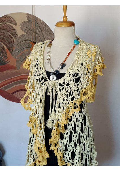 Hippybutik Sarı Koton Ip Tığ Dokuma El Örgüsü Dantel Asimetrik Şal Yaka Tasarım Yelek