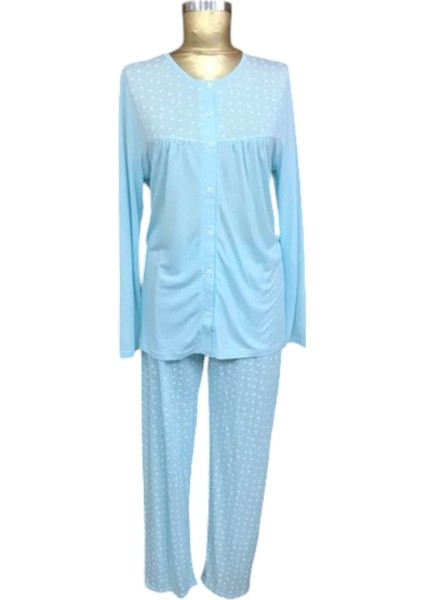 NENA-14080-BAYAN Önden Açık Uzunkol Pijama Takımı-Türkuaz