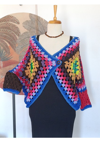 Hippybutik Çok Renkli Tığ Dokuma Elişi Tasarım Kruvaze Hırka