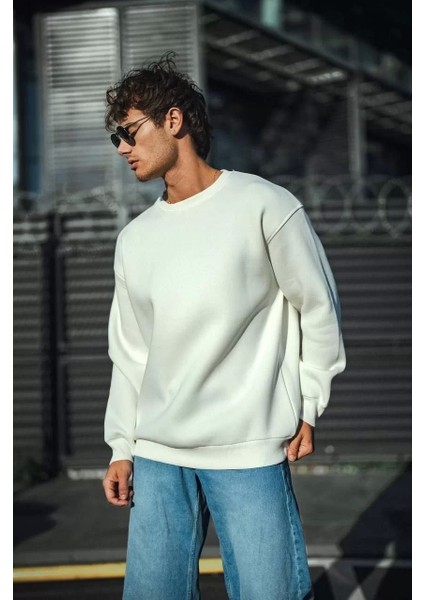 Kışlık Bisiklet Yaka Üç Iplik Basic Sweatshirt - Beyaz