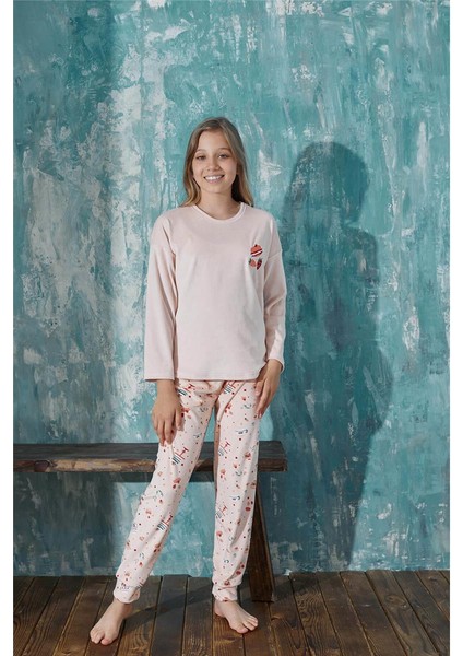 Pijama Evi Somon Macoron Desenli Exclusive Kadife Kız Çocuk Pijama Takımı 