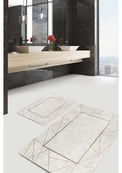 Gri Altın Desen Doğal Pamuklu 2'li Banyo&mutfak Paspas Seti 60X100 50X60 cm