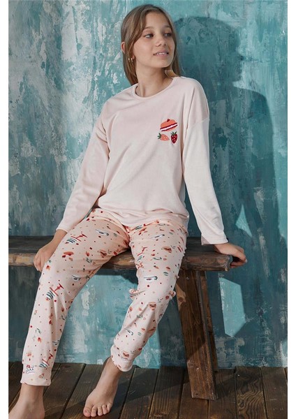 Somon Macoron Desenli Exclusive Kadife Kız Çocuk Pijama Takımı