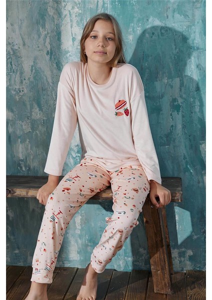 Somon Macoron Desenli Exclusive Kadife Kız Çocuk Pijama Takımı