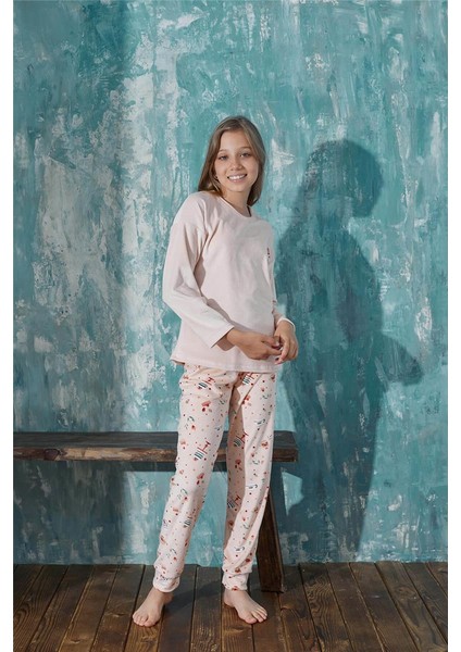 Somon Macoron Desenli Exclusive Kadife Kız Çocuk Pijama Takımı