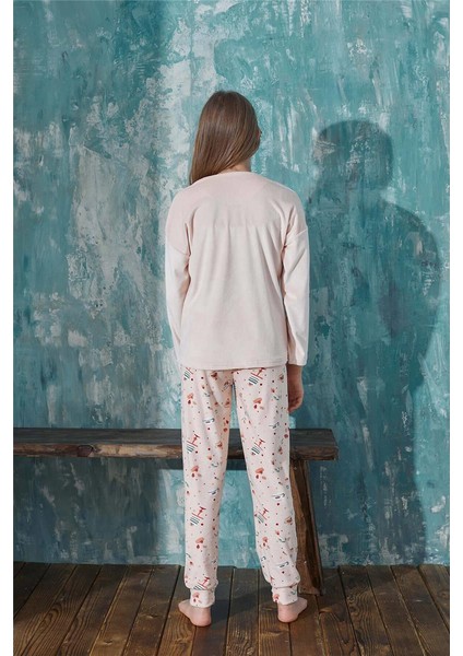 Somon Macoron Desenli Exclusive Kadife Kız Çocuk Pijama Takımı