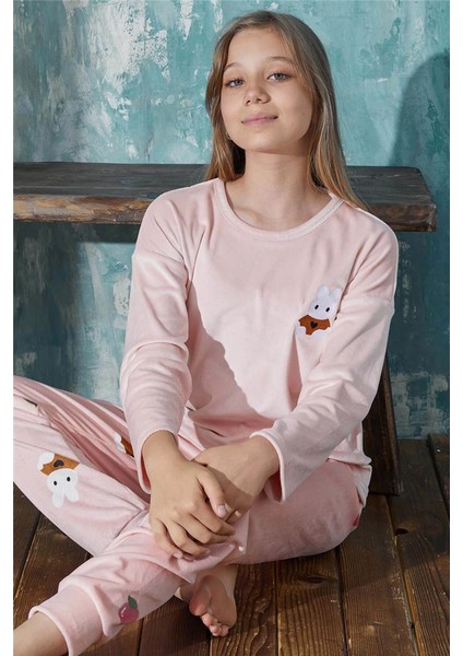 Pijama Evi Pudra Rabbit Desenli Exclusive Kadife Kız Çocuk Pijama Takımı 