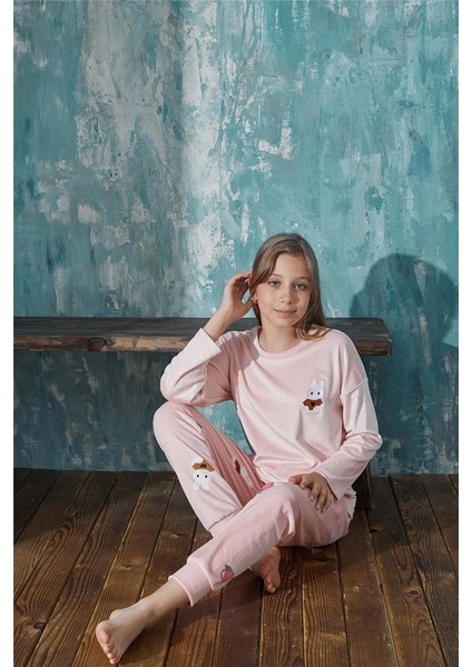 Pijama Evi Pudra Rabbit Desenli Exclusive Kadife Kız Çocuk Pijama Takımı 