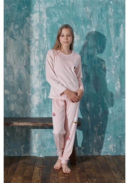 Pijama Evi Pudra Rabbit Desenli Exclusive Kadife Kız Çocuk Pijama Takımı 