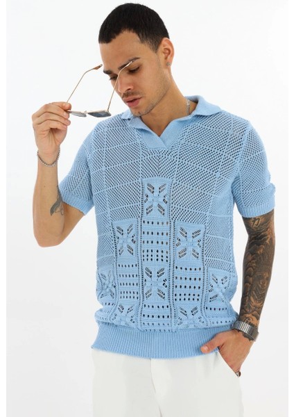 Erkek Mavi Desenli Triko T-Shirt