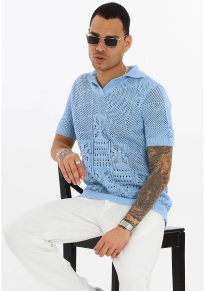 Erkek Mavi Desenli Triko T-Shirt fiyatları