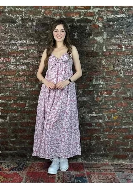 Kadın Pembe Çiçekli Uzun Elbise