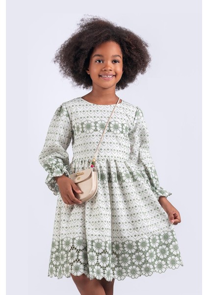 Çiçek Dokulu Pamuklu Brode Kız Çocuk Elbisesi - Çantalı