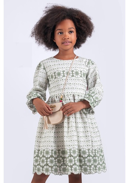 Çiçek Dokulu Pamuklu Brode Kız Çocuk Elbisesi - Çantalı fiyatları