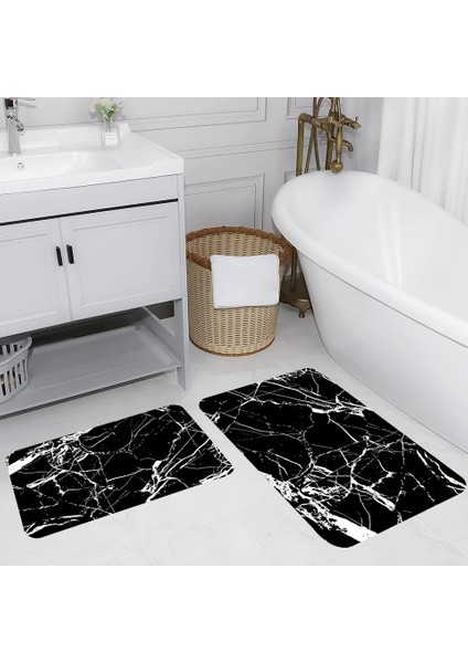 Siyah Pamuklu 2'Li Banyo&Mutfak Paspas Seti 60x100 50x60 Cm