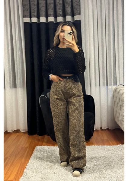 Örgü Detaylı Crop Triko Siyah