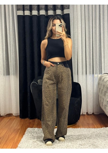 Matchli Leopar Desen Bol Paça Pantolon Bej