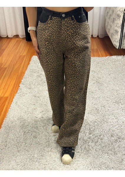 Matchli Leopar Desen Bol Paça Pantolon Bej