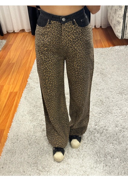 Matchli Leopar Desen Bol Paça Pantolon Bej