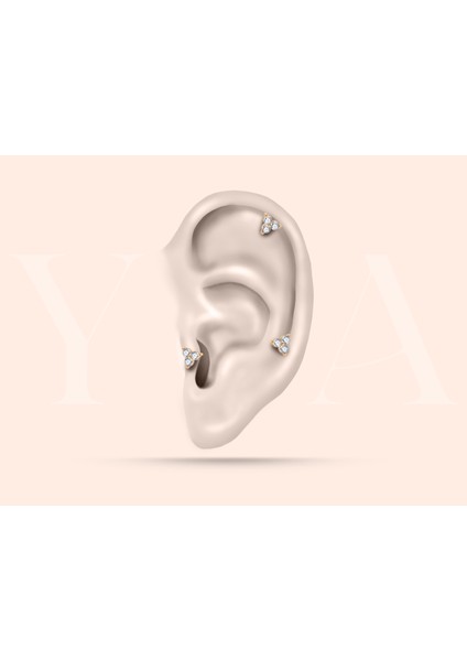 Yua Jewelry Üç Pırlanta Taşlı Trio Sade 14 Ayar Altın Kıkırdak/tragus/helix Piercing