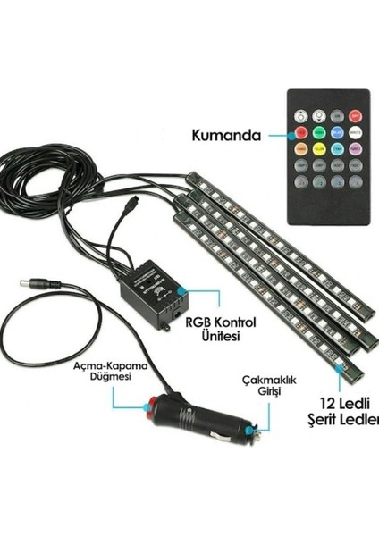 4 Parçalı Uzaktan Kumandalı Ayak Altı Aydınlatma 12 LED Çok Renkli Müzikli Araba Ledi