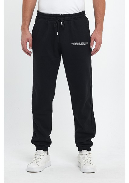 Erkek Siyah Regular Fit Beli Lastikli Confusing Stories Baskılı Rahat Pamuklu Eşofman Altı RF0418