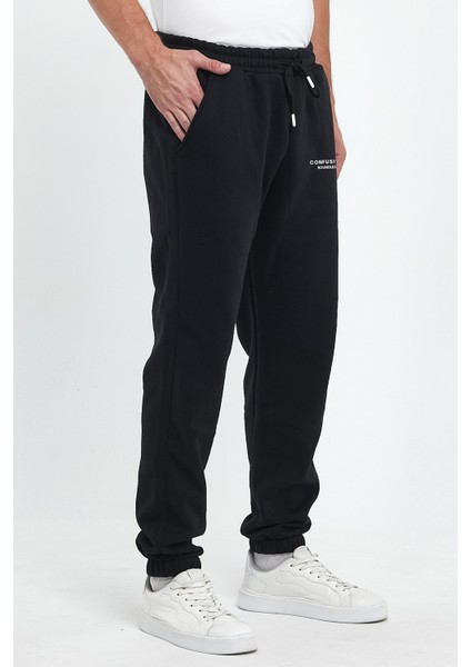 Erkek Siyah Regular Fit Beli Lastikli Confusing Stories Baskılı Rahat Pamuklu Eşofman Altı RF0418 modelleri