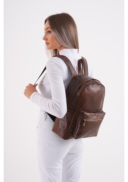 Hakiki Deri Unisex Sırt Çantası - Gizli Fermuarlı, Suluk Bölmeli ve Ön Cepli fırsatları
