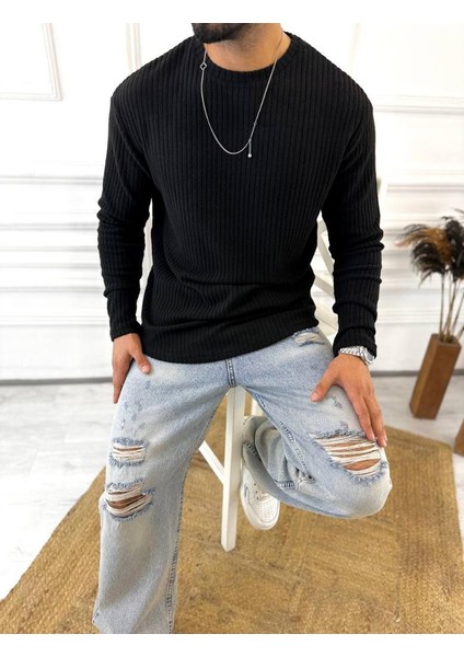 Uzun Kollu Tişört Fitilli Bisiklet Yaka Yumuşak Dokulu Tüylenmez Pamuklu Kazak Sweatshirt