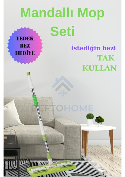 Yeşil Mikrofiber Mandallı Mop 1 Adet Yedek Bez Hediyeli