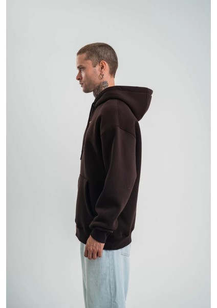 Double Oversize Kapşonlu Dijital Patchli Sweatshirt - Kahve