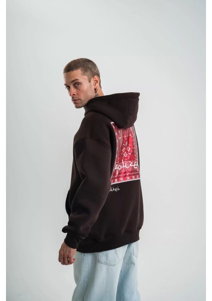 Double Oversize Kapşonlu Dijital Patchli Sweatshirt - Kahve