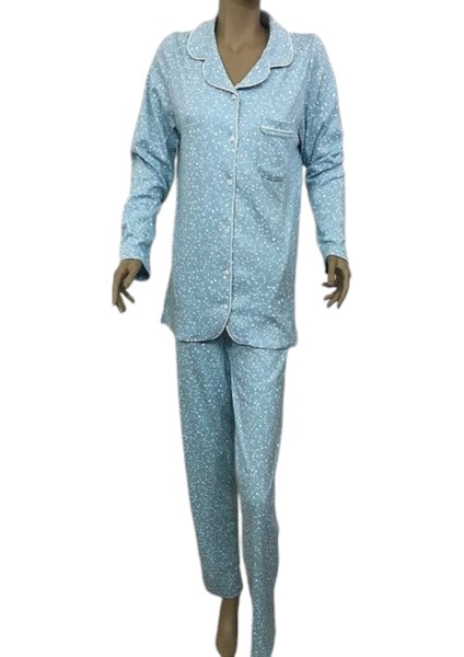 14299-NENA Bayan Gömlek Yaka Önden Açık Orta Kalın Pijama Takımı-Turkuaz