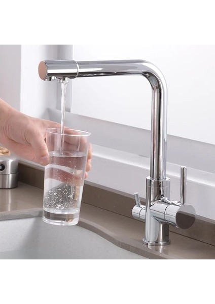 ARÇE Krom Arıtmalı Mutfak Eviye Bataryası 3 Yollu L Boru Lüx Su Tasaruflu Musluk Garantili