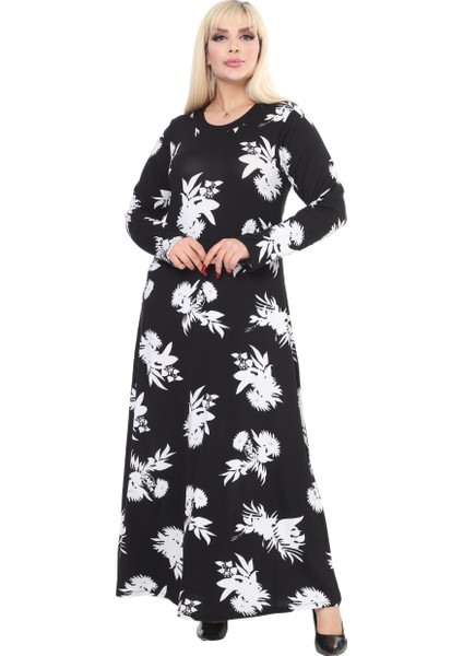 Butik Yumoş Kumaş Siyah Beyaz Yaprak Desen Uzun Kollu Kadın Tesettür Elbise