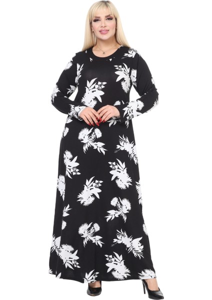 Butik Yumoş Kumaş Siyah Beyaz Yaprak Desen Uzun Kollu Kadın Tesettür Elbise fiyatları