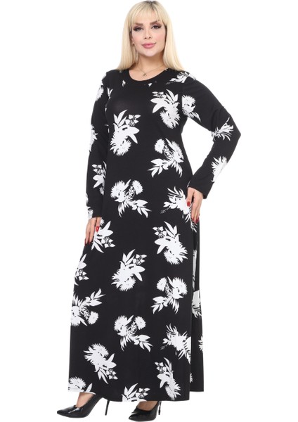 Butik Yumoş Kumaş Siyah Beyaz Yaprak Desen Uzun Kollu Kadın Tesettür Elbise modelleri