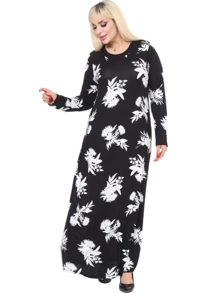 Butik Yumoş Kumaş Siyah Beyaz Yaprak Desen Uzun Kollu Kadın Tesettür Elbise fırsatları
