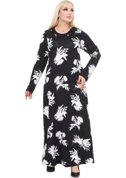 Butik Yumoş Kumaş Siyah Beyaz Yaprak Desen Uzun Kollu Kadın Tesettür Elbise indirimleri