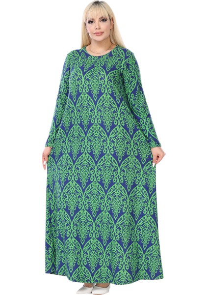 Butik Yumoş Kumaş Yeşil Dantel Desen Uzun Kollu Kadın Tesettür Elbise