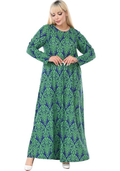 Butik Yumoş Kumaş Yeşil Dantel Desen Uzun Kollu Kadın Tesettür Elbise modelleri