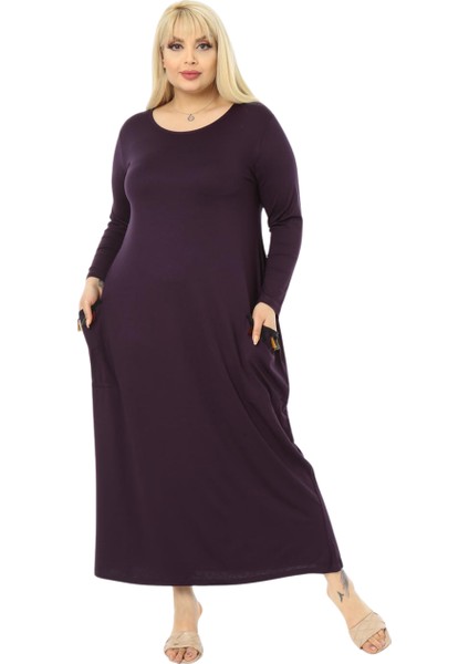 Butik Püsküllü Cepli Kadın Uzun Kollu Mor Tesettür Elbise