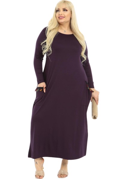 Butik Püsküllü Cepli Kadın Uzun Kollu Mor Tesettür Elbise