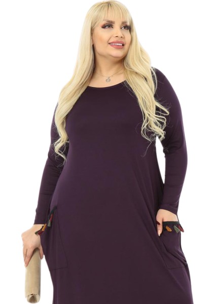 Butik Püsküllü Cepli Kadın Uzun Kollu Mor Tesettür Elbise
